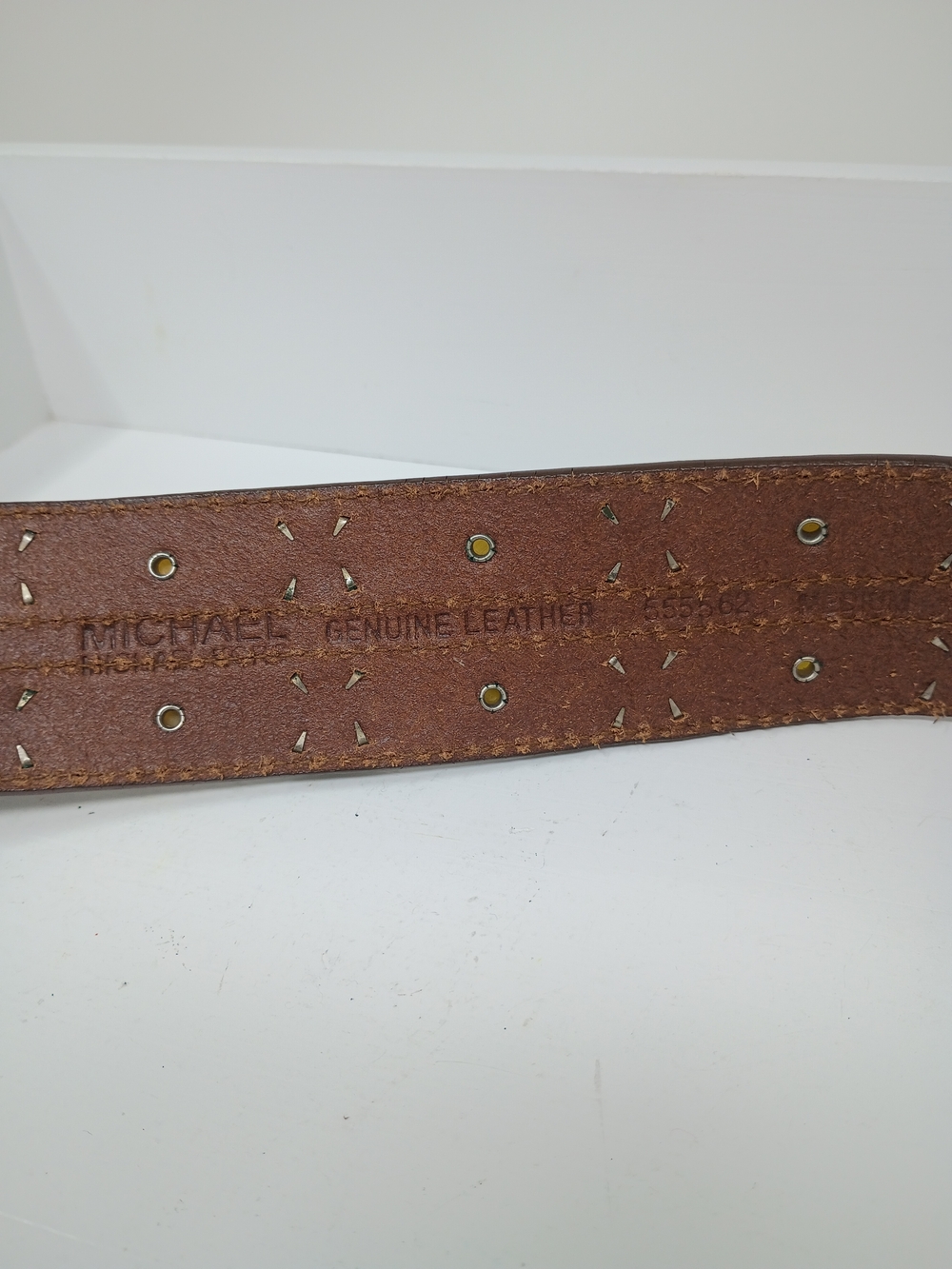 Michaels Kors Brown Leather Belt, Brass Buckle with Stud Accents - Picture 5 of 13
